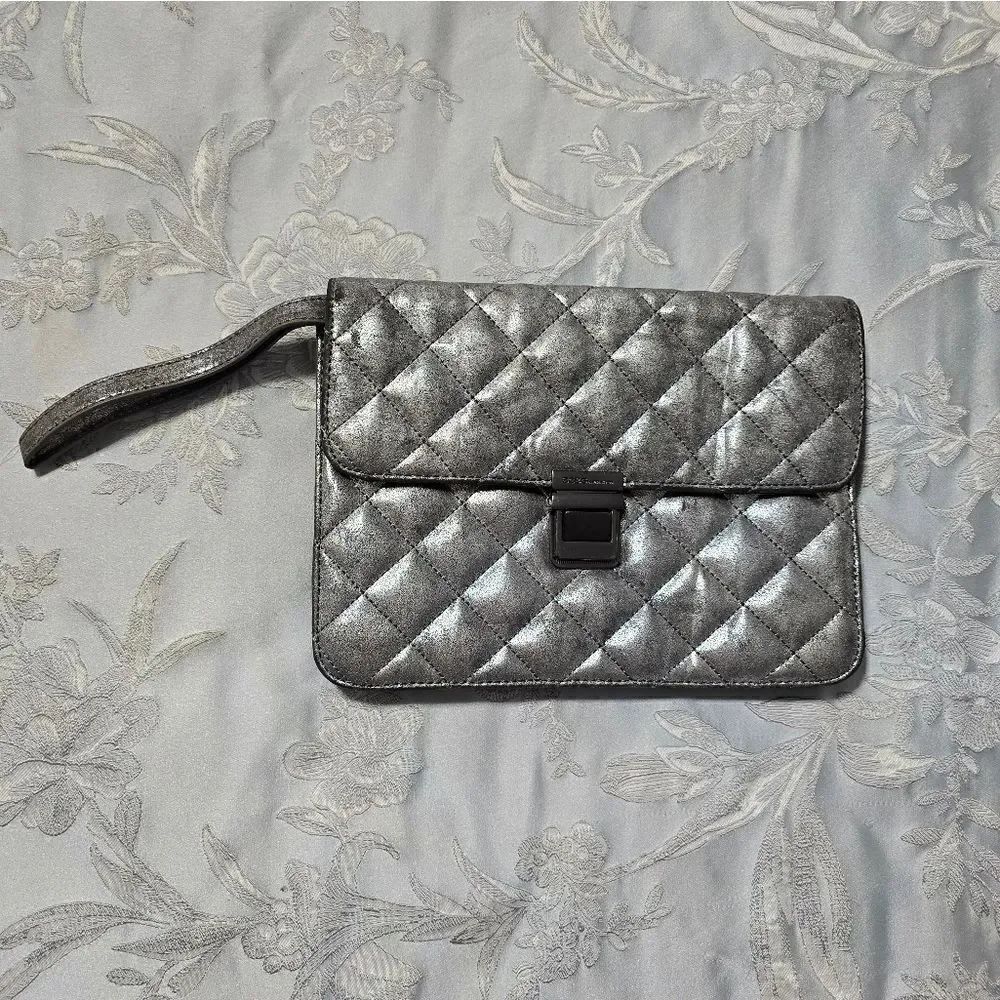 BCBG 'Clueless' Silver - Quilted Convertible Clutch Bag Vegan Leather NWT